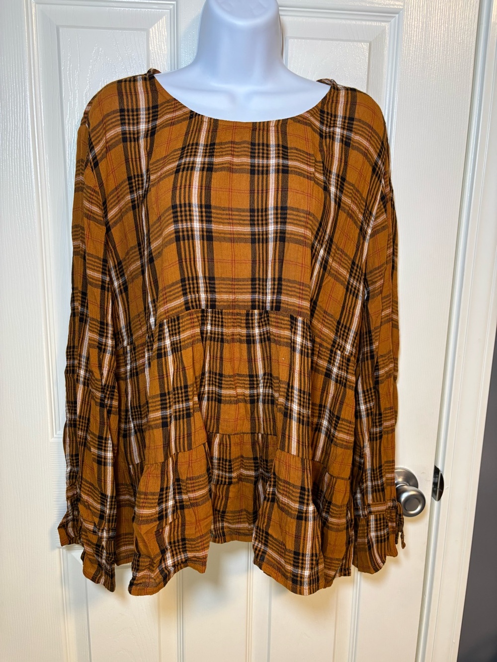 Maurices orange, black, and white plaid long sleeve blouse with ruffles, size XL
